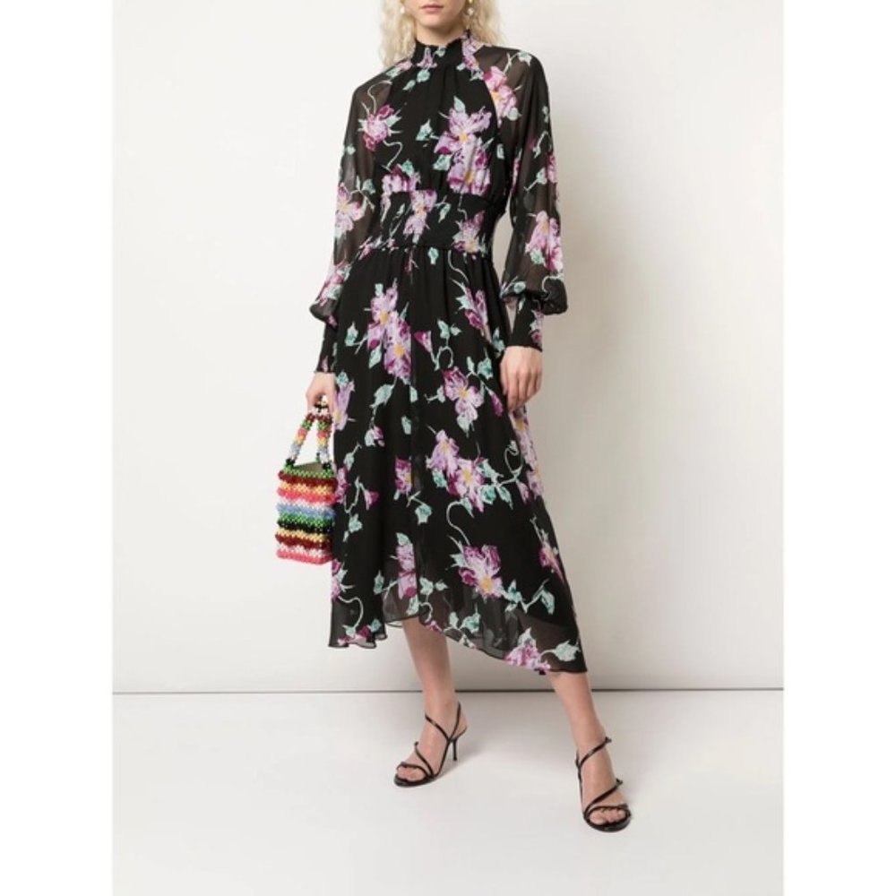A.L.C Casey Smocked Silk Chiffon Long Sleeve Midi Dress